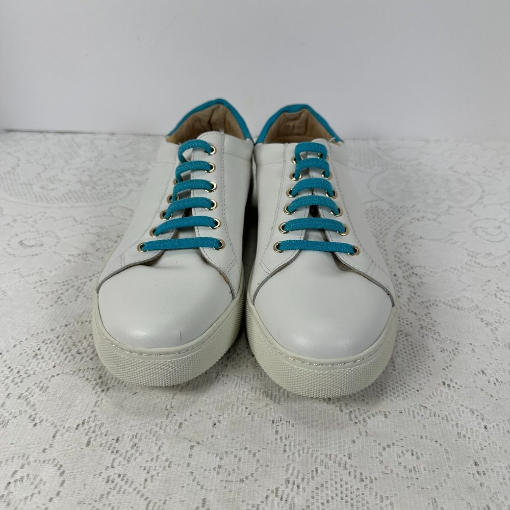 Jack Roger, Lorelai Slip-on White Leather Sneakers with pop of Aqua 8M